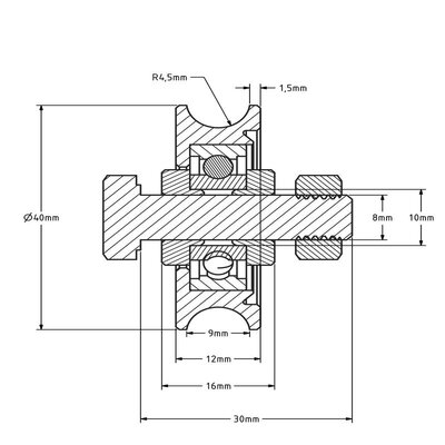 Groefwiel 40 mm met U groef - 70 kg