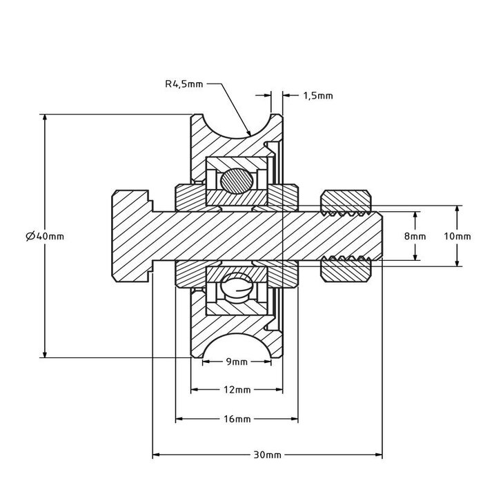 Groefwiel 40 mm met U groef - 70 kg