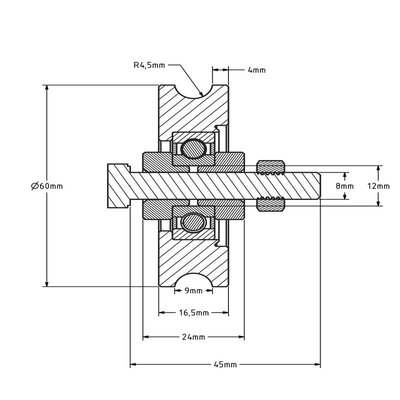 Groefwiel 60 mm met U groef - 100 kg