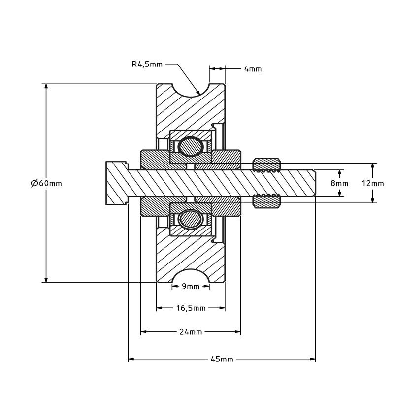 Groefwiel 60 mm met U groef - 100 kg