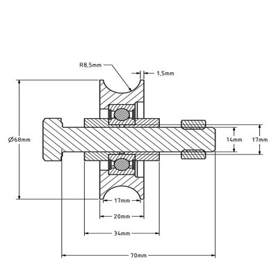 Groefwiel 70 mm met U groef - 190 kg
