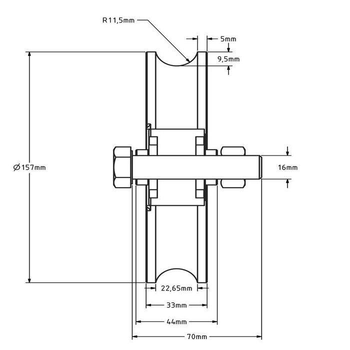 Groefwiel 160 mm met U groef - 575 kg