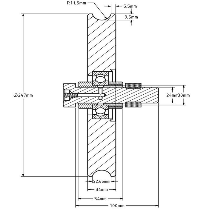 Groefwiel 250 mm met U groef - 800 kg