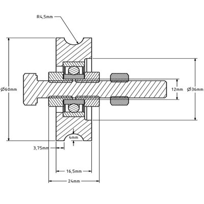 Rvs groefwiel 60 mm met U groef - 100 kg