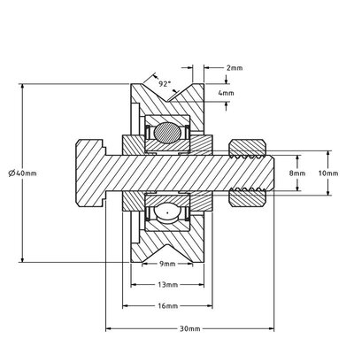 Groefwiel 40 mm met V groef - 70 kg
