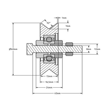 Groefwiel 60 mm met V groef - 100 kg