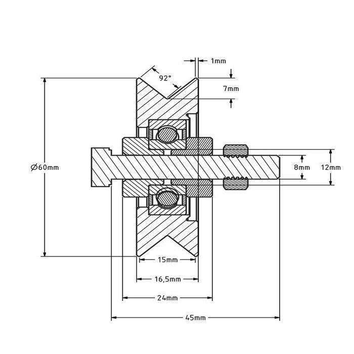 Groefwiel 60 mm met V groef - 100 kg