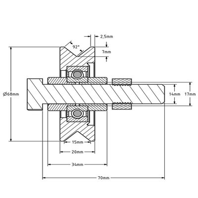 Groefwiel 70 mm met V groef - 190 kg