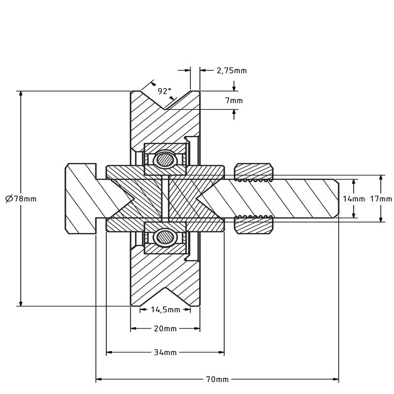 Groefwiel 80 mm met V groef - 200 kg