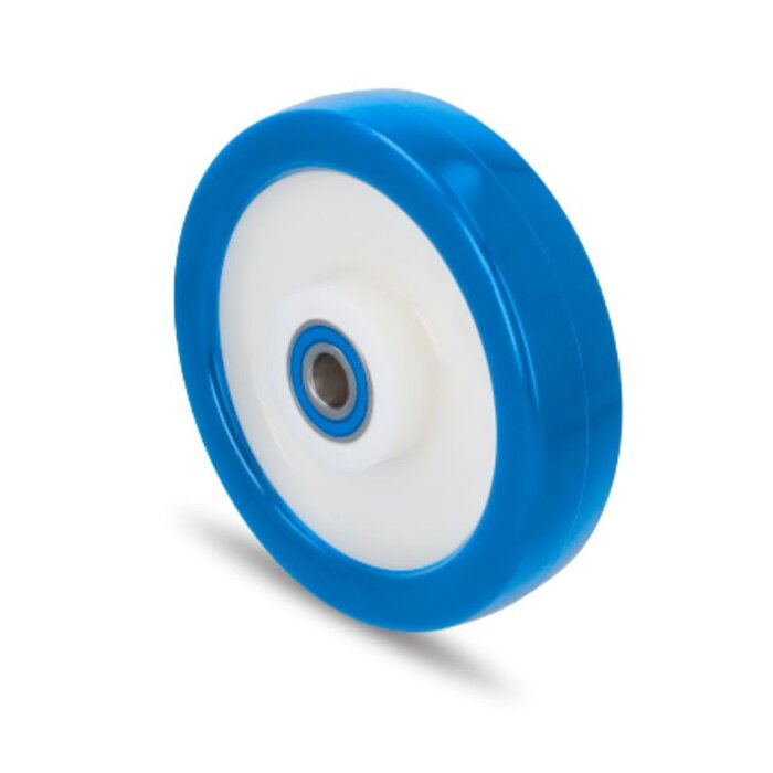 Rvs wiel 200 mm - blauw - PU - kogellager - 600 kg
