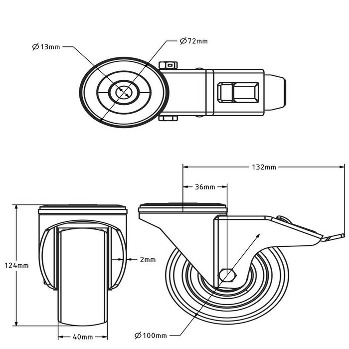 PU zwenkwiel met rem 100 mm - kogellager - 200 kg