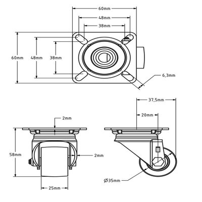 Mini zwaarlast zwenkwiel 35 mm - kogellager - 100 kg