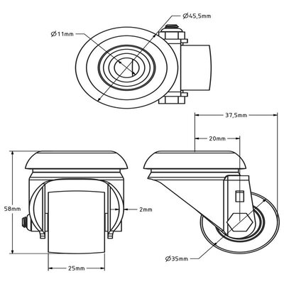 Mini zwaarlast zwenkwiel 35 mm - kogellager - 100 kg