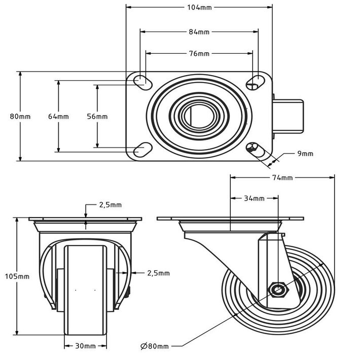 PU zwenkwiel 80 mm - kogellager - 150 kg