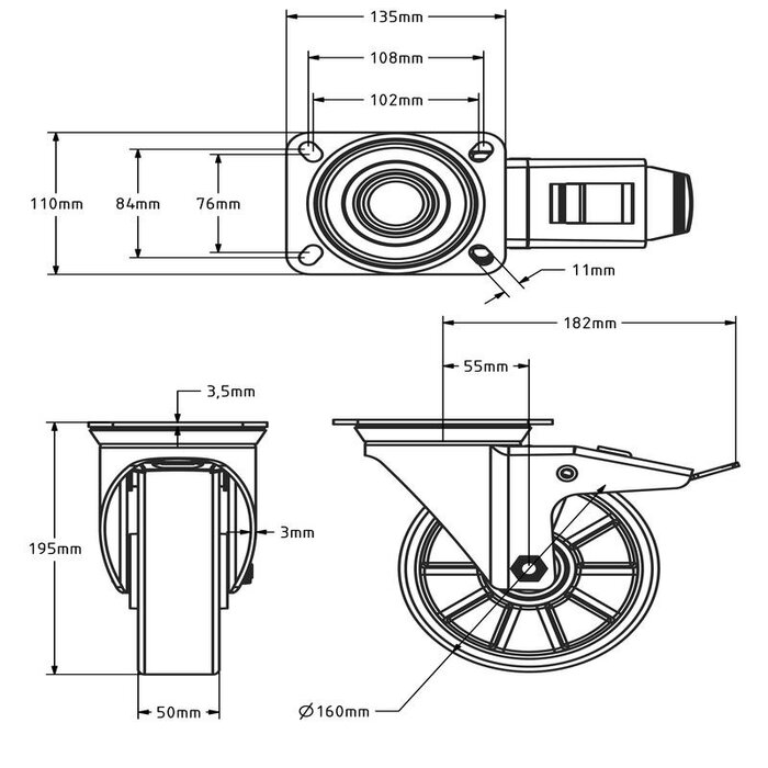 PU zwenkwiel met rem 160 mm - kogellager - 350 kg
