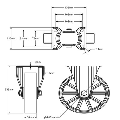 PU bokwiel 200 mm - kogellager - 400 kg