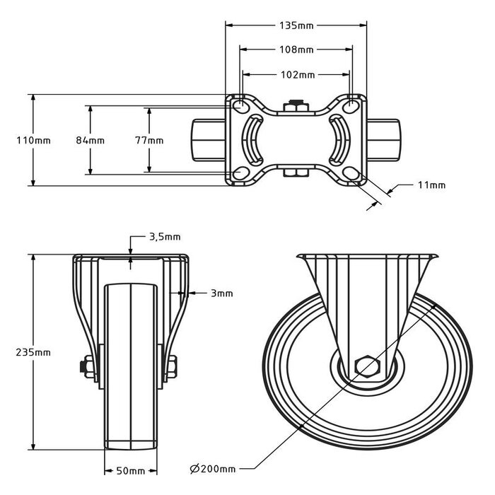Zwart polyurethaan bokwiel 200 mm - 400 kg