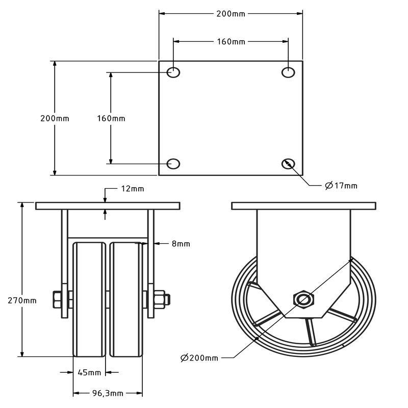 PU bokwiel 200 mm - kogellager - 2200 kg
