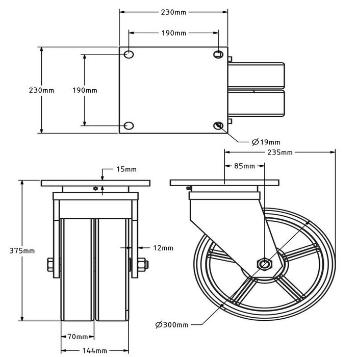 PU zwenkwiel 300 mm - kogellager - 4000 kg