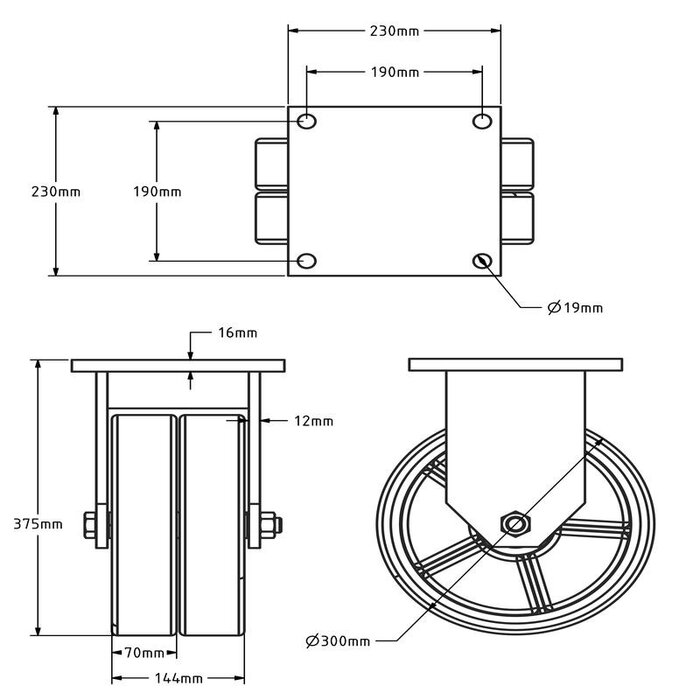 PU bokwiel 300 mm - kogellager - 4000 kg