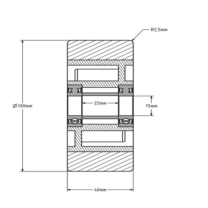 PU wiel 100 mm - kogellager asgat 15 mm - 300 kg