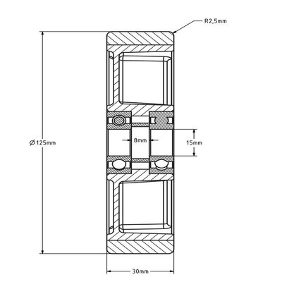 PU wiel 125 mm - kogellager asgat 15 mm - 250 kg