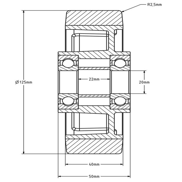 PU wiel 125 mm - kogellager asgat 20 mm - 350 kg