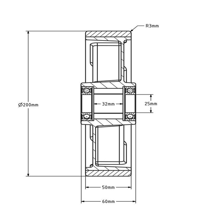 PU wiel 200 mm - kogellager asgat 25 mm - 900 kg