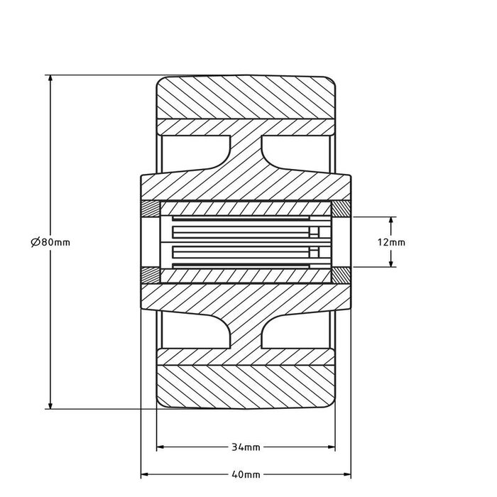 PU wiel 80 mm - rollager asgat 12 mm - 130 kg