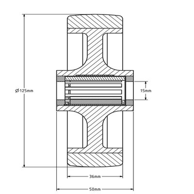 PU wiel 125 mm - rollager asgat 12 mm - 200 kg