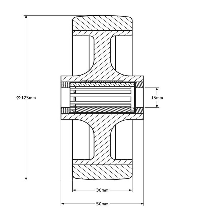 PU wiel 125 mm - rollager asgat 12 mm - 200 kg