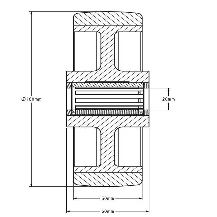 PU wiel 160 mm - rollager asgat 20 mm - 350 kg