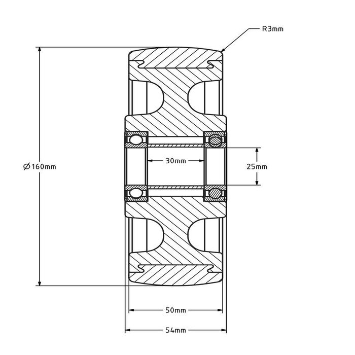 PU wiel 160 mm - kogellager asgat 25 mm - 400 kg