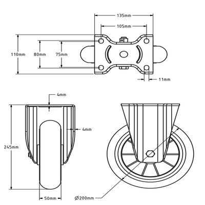 Gebolleerd PU bokwiel 200 mm - 600 kg