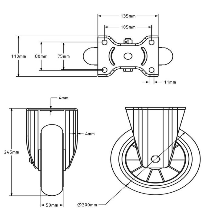 Gebolleerd PU bokwiel 200 mm - 600 kg