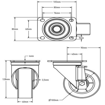 PU zwenkwiel 100 mm - kogellager - 300 kg