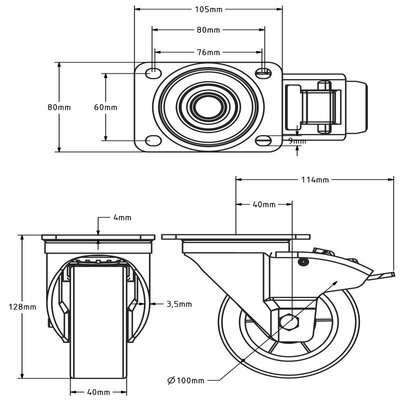 PU zwenkwiel met rem 100 mm - kogellager - 300 kg