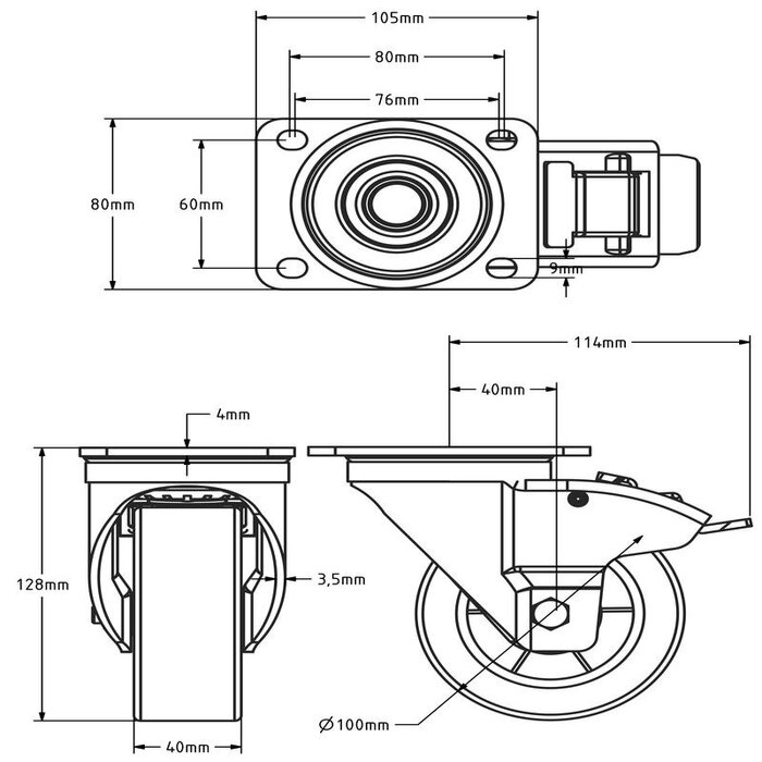 PU zwenkwiel met rem 100 mm - kogellager - 300 kg