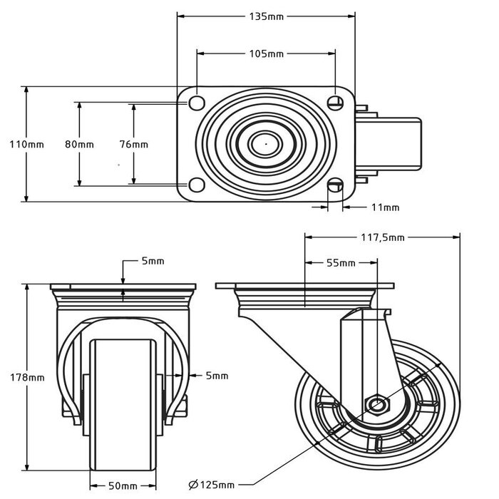 PU zwenkwiel 125 mm - kogellager - 500 kg