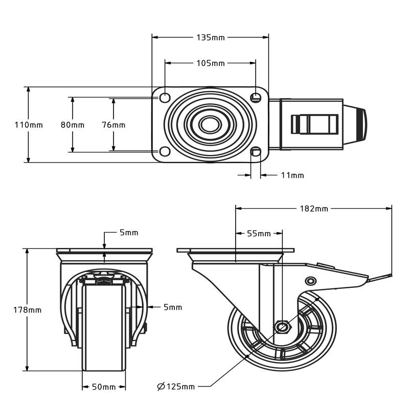 PU zwenkwiel met rem 125 mm - kogellager - 500 kg