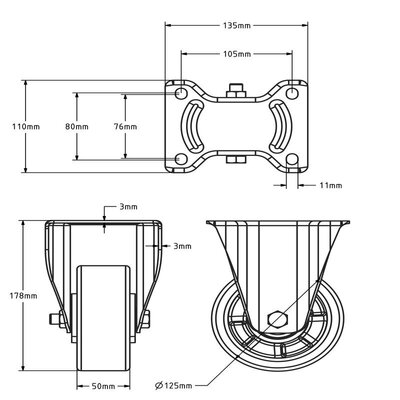 PU bokwiel 125 mm - kogellager - 500 kg