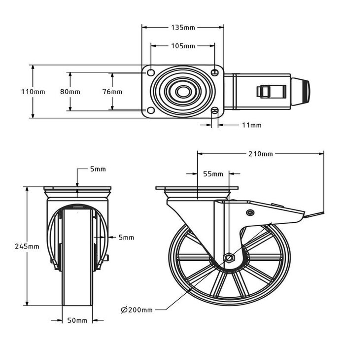 PU zwenkwiel met rem 200 mm - kogellager - 900 kg