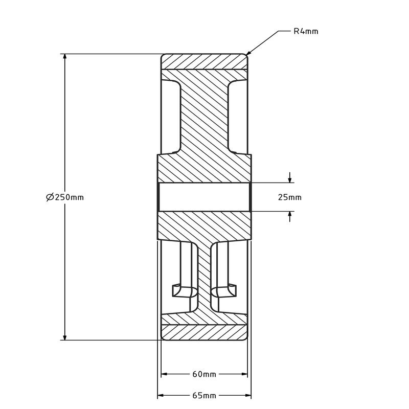 PU wiel 250 mm - kogellager asgat 25 mm - 1400 kg