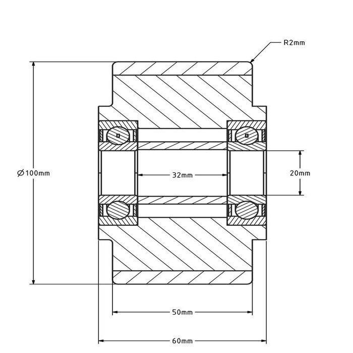 PU wiel 100 mm - kogellager asgat 20 mm - 450 kg