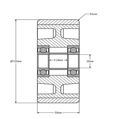 PU wiel 125 mm - kogellager asgat 20 mm - 425 kg