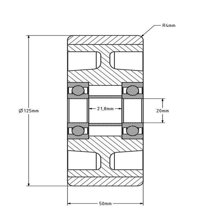 PU wiel 125 mm - kogellager asgat 20 mm - 425 kg