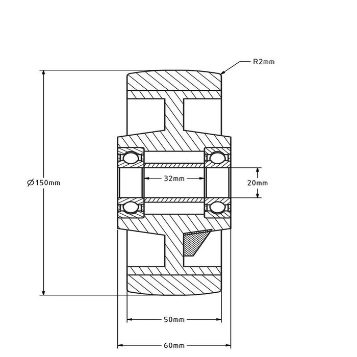 PU wiel 150 mm - kogellager asgat 20 mm - 700 kg