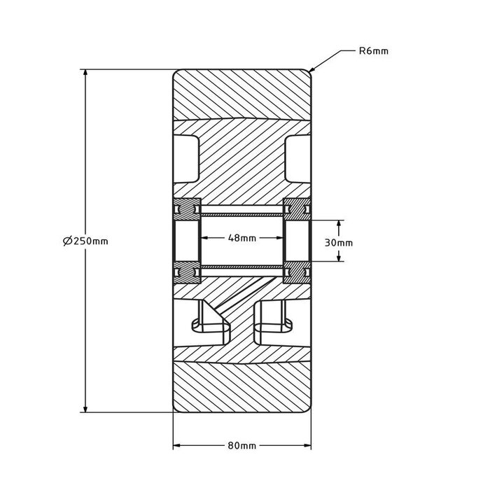 PU wiel 250 mm - kogellager asgat 30 mm - 1800 kg