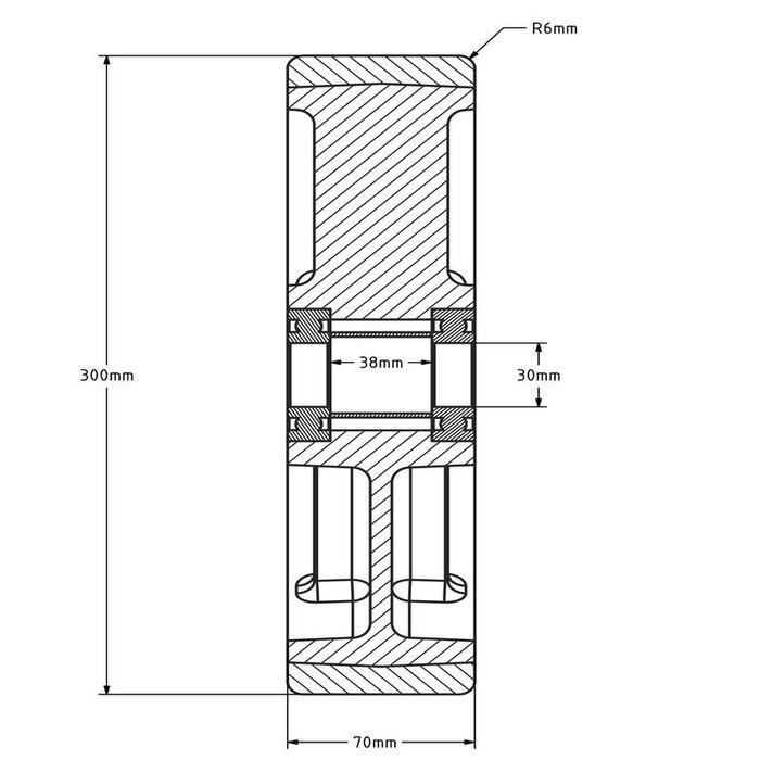 PU wiel 300 mm - kogellager asgat 30 mm - 2200 kg