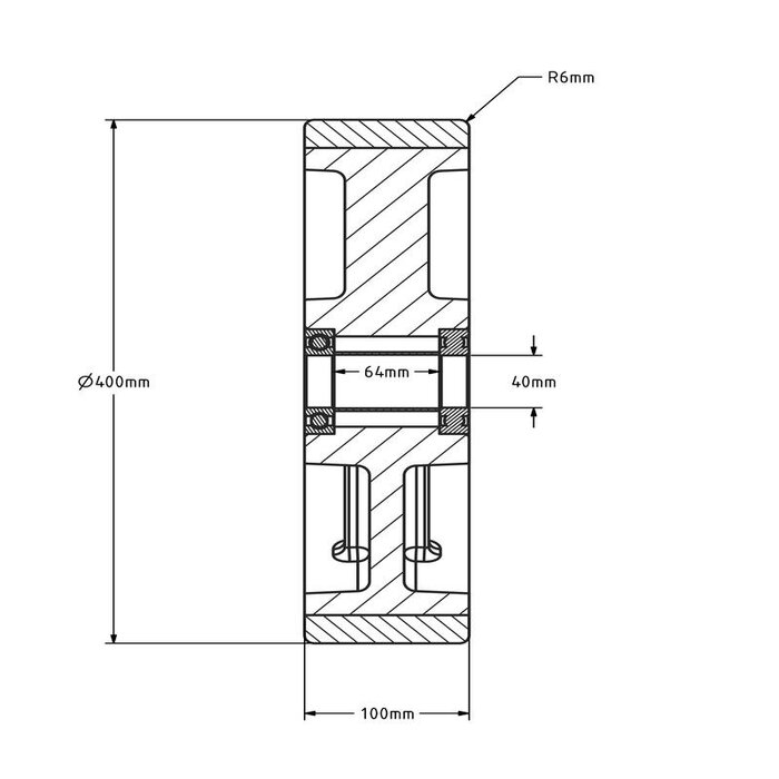 PU wiel 400 x 100 mm - kogellager asgat 40 mm - 4000 kg